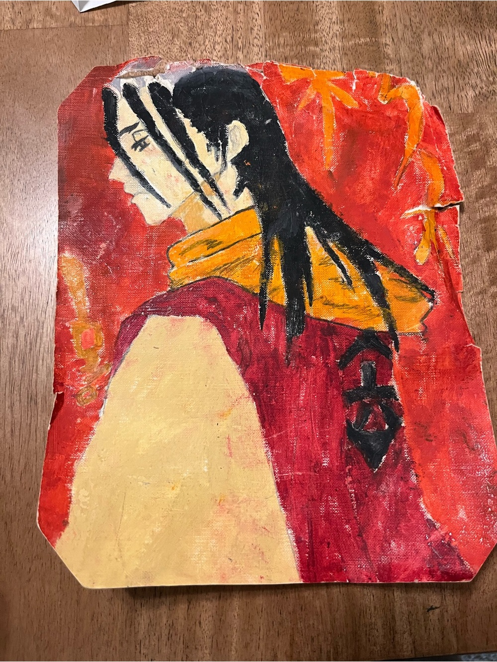 Hand-Painted Red and Gold Anime-Inspired Canvas Art 2008 Original